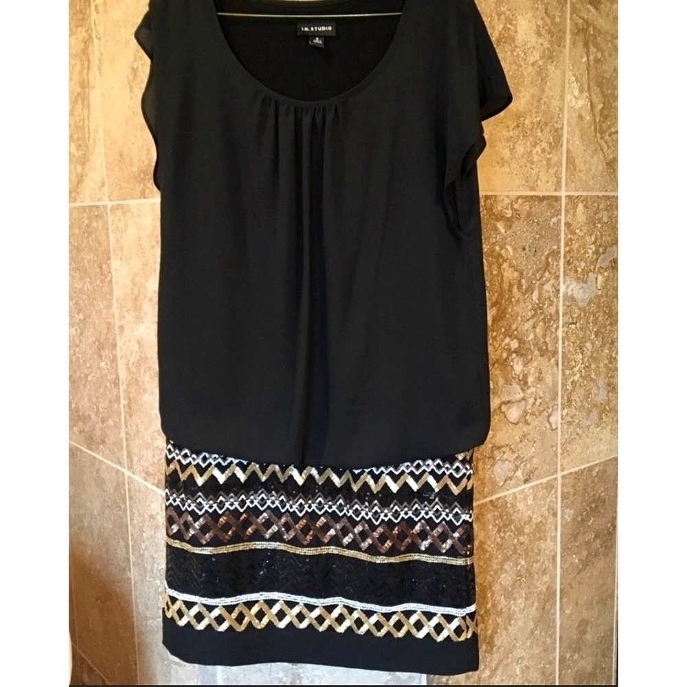 Black, Gold, & Silver Sequin Cinched Waist Dress